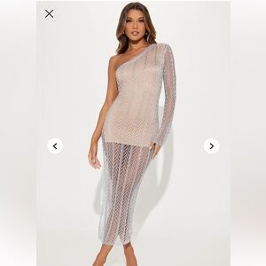 Fashion Nova Silver One-Shoulder Midi Dress